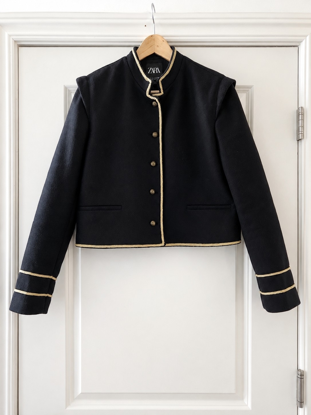 Zara Black Wool Blend Military Jacket Gold Trim Cropped Blazer XS